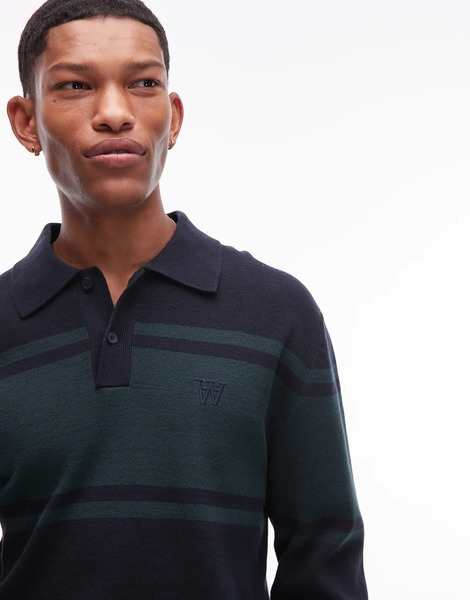  Double A By Wood Wood Polo Azul Marino Y Verde De Manga Larga Con Panel A Rayas De Punto Curt De La Colección Double A De Wood Wood-multicolor 