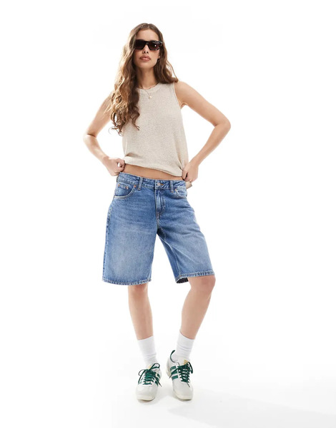  Dr Denim Pantalones Cortos Azul Cielo De Corte Holgado Alargado Y Talle Bajo Con Lavado Medio Lea De Dr Denim 