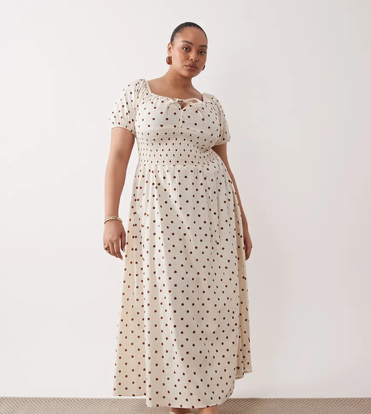  Esmee Curve Vestido Playero Largo Color Crema Con Estampado De Lunares Marrones, Mangas Abullonadas Y Lazada Delantera De Esmee Curve-blanco 