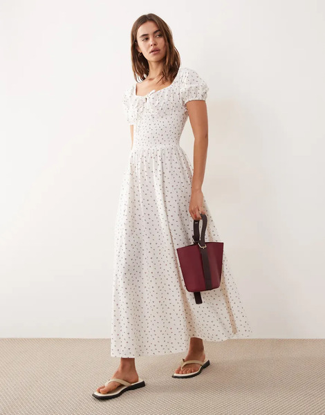 Esmée Esmee - Vestido Largo Blanco Con Estampado De Florecitas, Mangas Abullonadas Y Lazada Delantera-multicolor 
