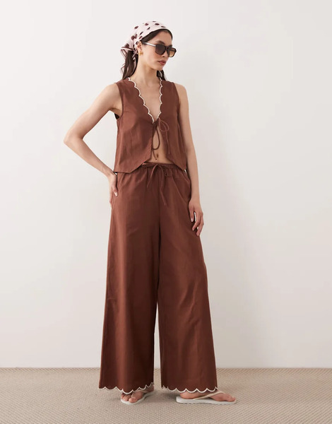  Esmée Pantalones Playeros Marrones Con Lazada Delantera Y Ribete Festoneado Color Crema De Esmee (parte De Un Conjunto)-brown 