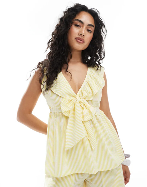  Esmée Top Playero A Rayas Blancas Y Amarillas Con Lazada Delantera Y Solapas De Volantes Exclusivo De Esmee-amarillo 