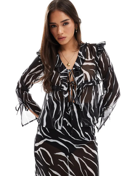  Esmée Top Playero Traslúcido Con Estampado De Cebra, Lazada Delantera Y Ribete De Volantes Exclusivo De Esmee-multicolor 