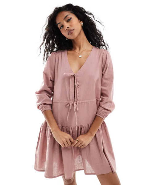  Esmée Vestido Playero Corto Color Caramelo Escalonado De Manga Larga Con Lazada Delantera De Mezcla De Lino Exclusivo De Esmée-beis Neutro 
