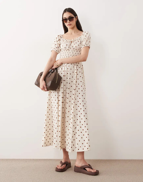  Esmée Vestido Playero Largo Color Crema Y Marrón Con Estampado De Lunares, Mangas Abullonadas Y Lazada Delantera De Esmee-blanco 