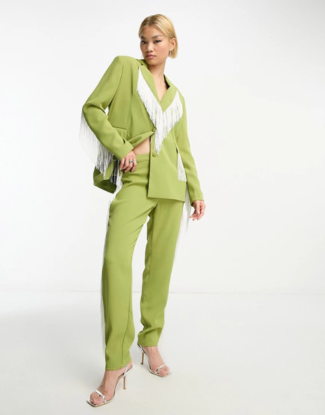  Extro & Vert Pantalones Verdes Y Blancos De Pernera Recta Con Flecos Premium De Extro & Vert (parte De Un Conjunto) 