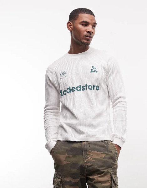  Faded Store Camiseta Blanco Tiza De Manga Larga Con Logo Estampado En La Parte Delantera De Tejido Gofrado De 100% Algodón De Faded Store 