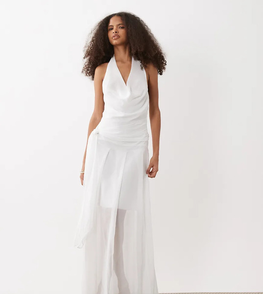  Fashionkilla Fashionkilla - Colección Exclusiva - Vestido Largo Blanco Con Cuello Halter Desbocado, Detalle Anudado Y Bajo Transparente De Chifón-neutro 