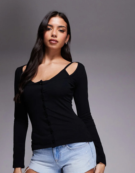  Fashionkilla Top Negro Abotonado De Manga Larga Con Inserto Tipo Sujetador De Tejido Rico En Algodón Exclusivo De Fashionkilla 
