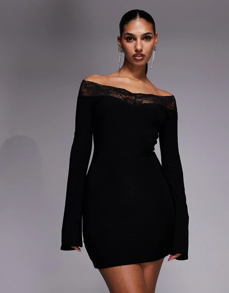  Fashionkilla Vestido Corto Negro Ceñido Con Mangas Acampanadas, Escote Bardot Y Ribete De Encaje Exclusivo De Fashionkilla 