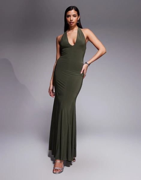  Fashionkilla Vestido Largo Caqui Con Cuello Halter Escotado Y Godets En El Bajo De Tejido Ajustado Doble Exclusivo De Fashionkilla-verde 