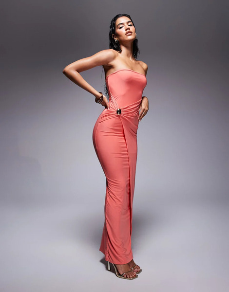  Fashionkilla Vestido Largo Color Coral Ceñido De Tejido Ajustado Doble Con Escote Palabra De Honor, Detalle Drapeado Y Adorno De Metal De Fashionkilla-morado 