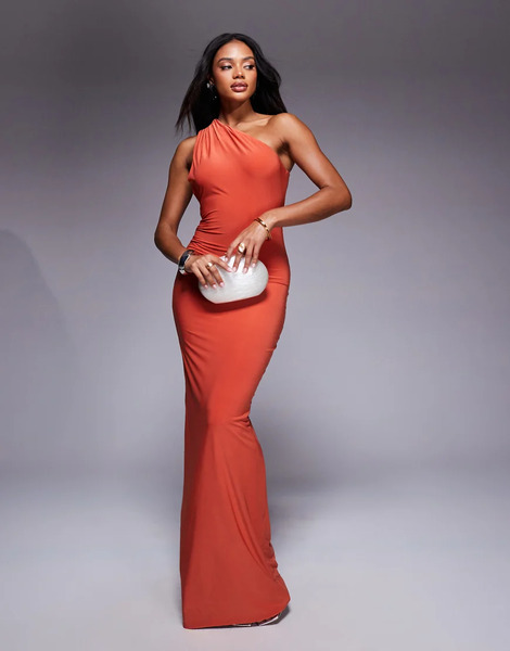 Fashionkilla Vestido Largo Naranja Asimétrico Y Ceñido De Tejido Moldeador Doble Con Espalda Abierta Y Detalle De Concha De Metal De Fashionkilla 