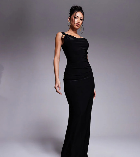  Fashionkilla Vestido Largo Negro Ceñido Con Diseño Moldeado, Cuello Desbocado, Espalda Escotada Y Detalle De Anilla De Metal Exclusivo De Fashionkilla 
