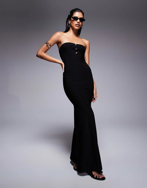  Fashionkilla Vestido Largo Negro Ceñido De Corte Sirena De Tejido Ajustado Doble Con Escote Palabra De Honor Y Detalle De Estrella De Mar De Metal De Fashionkilla 