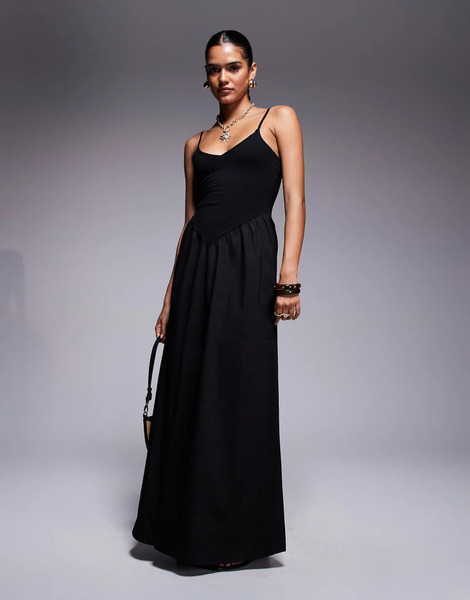  Fashionkilla Vestido Largo Negro Con Cuello De Pico Y Detalle De Cintura Baja De Mezcla De Popelina Y Algodón De Fashionkilla 