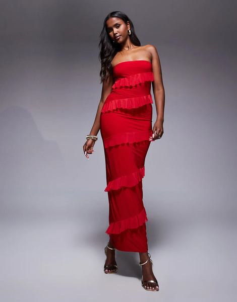  Fashionkilla Vestido Largo Rojo Ceñido Con Escote Palabra De Honor Y Volantes De Tejido Doble De Fashionkilla-naranja 