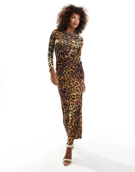  Flounce London Vestido Semilargo Fruncido Con Estampado De Leopardo Y Detalle Drapeado De Flounce London-multicolor 
