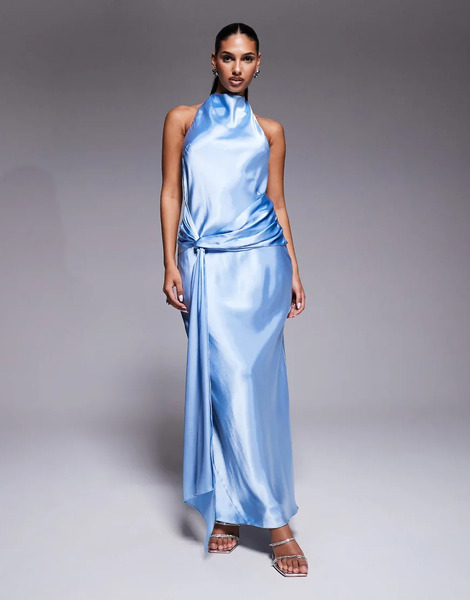  Forever New Vestido Largo Azul Con Cuello Halter Y Detalle Anudado En La Parte Delantera De Satén De Forever New 