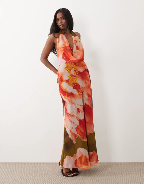  Forever New Forever New - Vestido Largo Verde Oliva Con Estampado Floral, Espalda Escotada Y Cuello Desbocado De Chifón-multicolor 