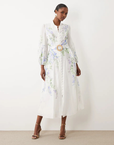  Forever New Forever New - Vestido Midi Blanco Abotonado Con Estampado Floral, Mangas Globo Y Detalle De Cinturón-multicolor 