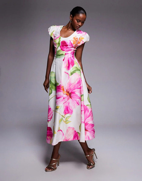  Forever New Vestido Midi Blanco Con Estampado Floral Rosa, Cuello Ancho, Mangas Abullonadas Y Paneles Con Costuras De Forever New 