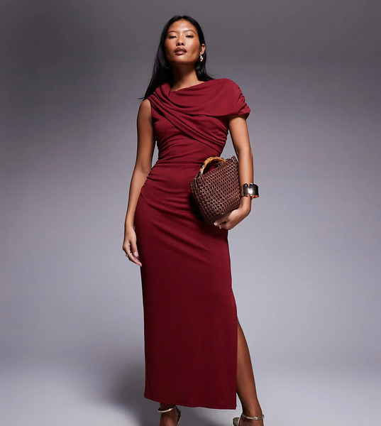  Forever New Vestido Midi Burdeos Con Detalle Estilo Capa Fruncida En Los Hombros De Malla De Forever New Petite-brown 