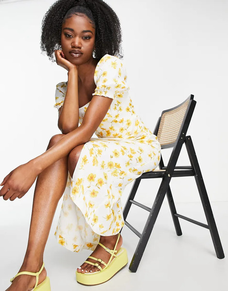  Forever New Vestido Midi Color Mantequilla Con Mangas Abullonadas, Escote Cuadrado Y Estampado Floral De Forever New-amarillo 
