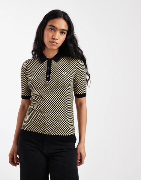  Fred Perry Camisa Negra Y Dorada De Manga Corta Con Estampado De Cuadros Dameros Con Logo De Punto De Fred Perry-negro 