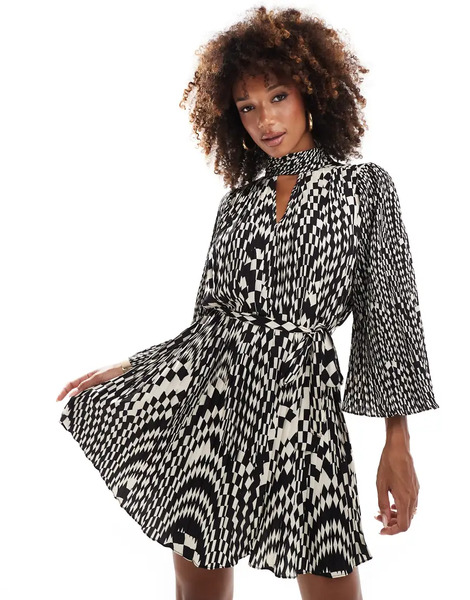  French Connection Vestido Corto Monocromático Plisado Con Diseño Estampado, Cuello Alto Y Lazada En La Cintura Fern De French Connection-multicolor 