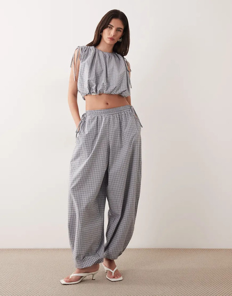  Ghospell Pantalones A Cuadros Vichy De Corte Bombacho Con Cinturilla Elástica Y Lazada Lateral De Ghospell (parte De Un Conjunto)-multicolor 