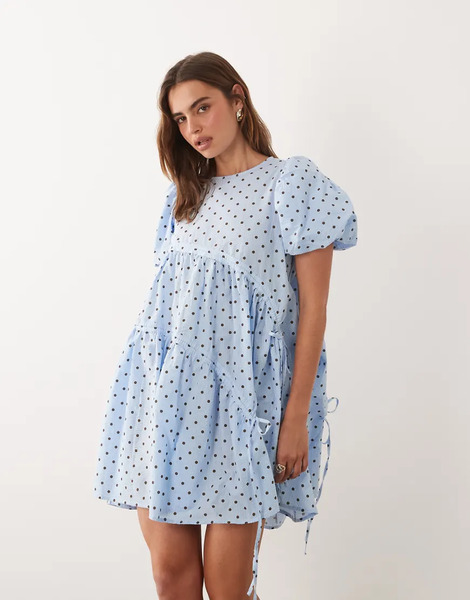  Ghospell Ghospell - Vestido Corto Azul Claro Asimétrico Con Estampado De Lunares, Mangas Abullonadas Y Detalle De Cordón Ajustable De Sirsaca 