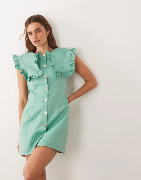  Ghospell Ghospell - Vestido Corto Verde Extragrande Sin Mangas Con Ribete De Volantes En Las Solapas De Jacquard 