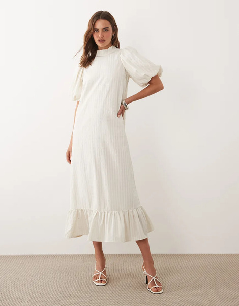  Ghospell Ghospell - Vestido Midi Beis A Rayas Con Cuello Alto, Mangas Abullonadas Y Sobrefalda En El Bajo-blanco 