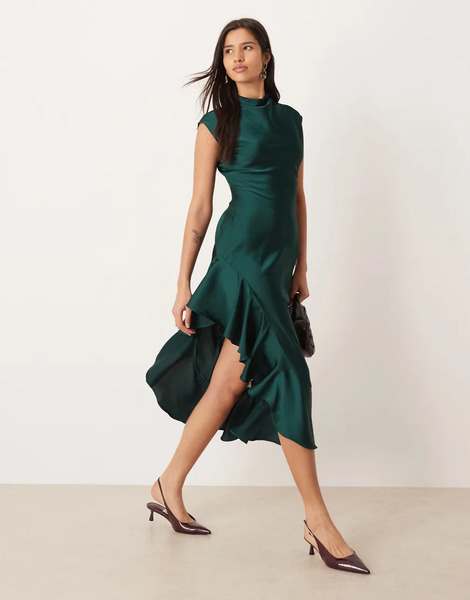  Ghospell Vestido Midi Verde Esmeralda Con Cuello Alto, Abertura Hasta El Muslo Y Detalle De Volantes De Satén De Ghospell 