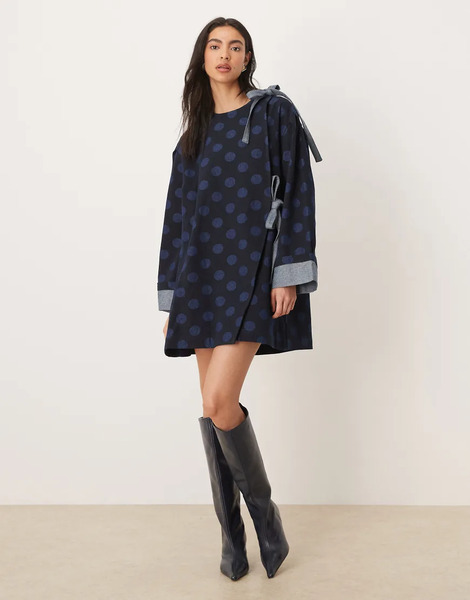  Ghospell Vestido Vaquero Corto De Corte Cuadrado Con Estampado De Lunares Y Detalle De Lazo Exclusivo De Ghospell-azul 