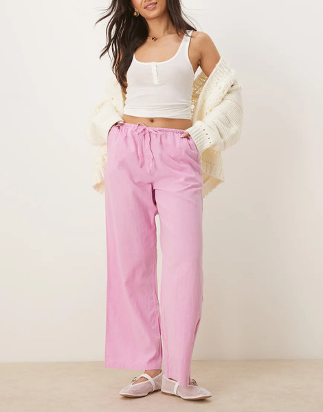  Gina Tricot Pantalones Rosas De Pernera Ancha Con Cordón Ajustable En La Cintura De Mezcla De Lino De Gina Tricot 