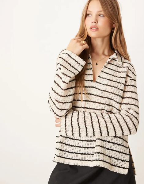  Gina Tricot Top Holgado A Rayas Negras Y Beis Claro De Manga Larga Con Cuello De Solapas De Croché De Gina Tricot (parte De Un Conjunto)-neutro 