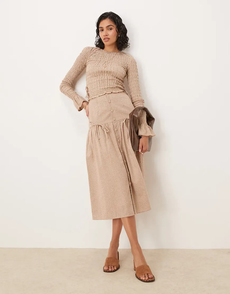  Glamorous Falda Midi Marrón Claro A Cuadros De Talle Alto Con Detalle De Lazos De Glamorous (parte De Un Conjunto) 