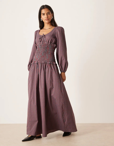  Glamorous Vestido Largo A Rayas Grises Y Rojas De Talle Bajo Con Cuello Redondo Y Mangas Abullonadas De Glamorous-multicolor 