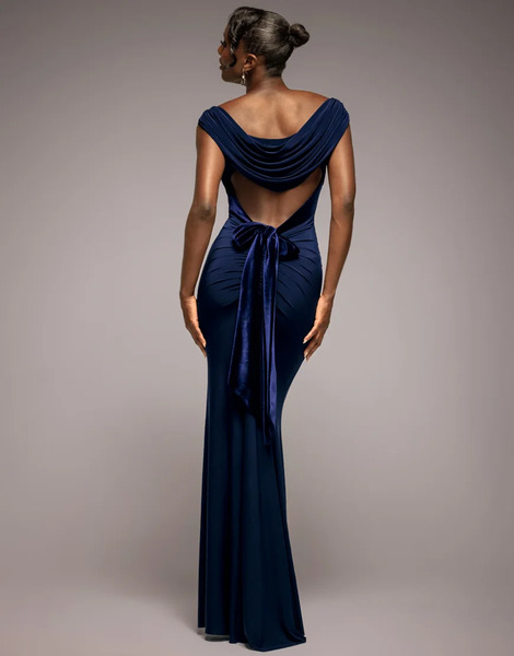  Goddiva Vestido Largo Azul Marino Con Cuello Desbocado Fruncido Y Lazo De Terciopelo Y Abertura En La Espalda De Goddiva 