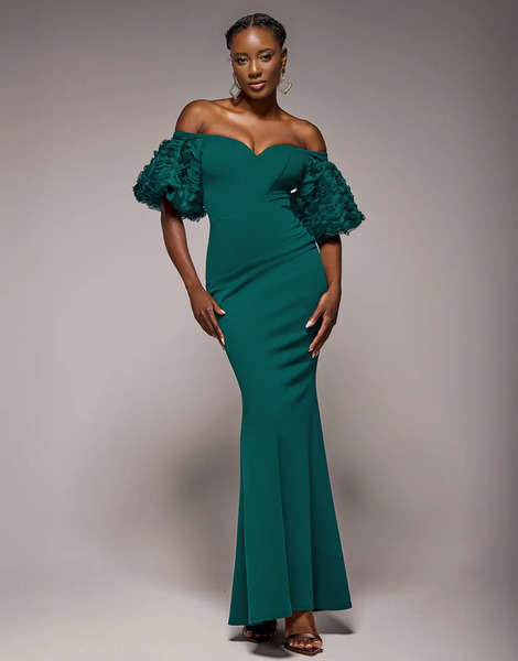  Goddiva Vestido Largo Verde Esmeralda Con Escote Bardot Corazón Y Mangas Abullonadas Tridimensionales De Goddiva 