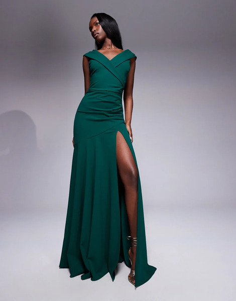  Goddiva Vestido Largo Verde Esmeralda Con Escote Bardot Y Abertura Delantera De Crepé Efecto Neopreno De Goddiva 