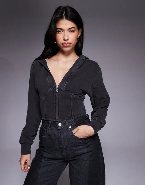  Good American Sudadera Corta Negra Con Cuello De Pico Y Cremallera De Algodón Puro De Good American (parte De Un Conjunto)-negro 