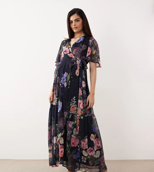  Hope & Ivy Maternity Vestido Largo Azul Marino Cruzado Con Estampado Floral, Mangas Fluidas Y Lazada En La Cintura De Hope & Ivy Maternity 