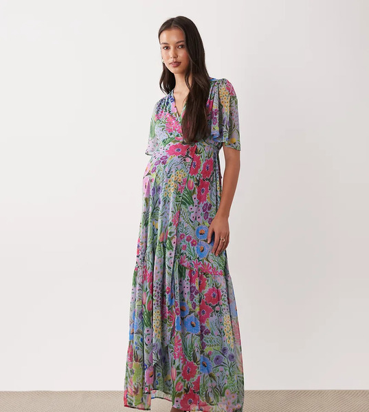  Hope & Ivy Maternity Vestido Largo Lila Cruzado Con Estampado Floral, Mangas Fluidas Y Detalle De Lazada De Hope & Ivy Maternity-morado 