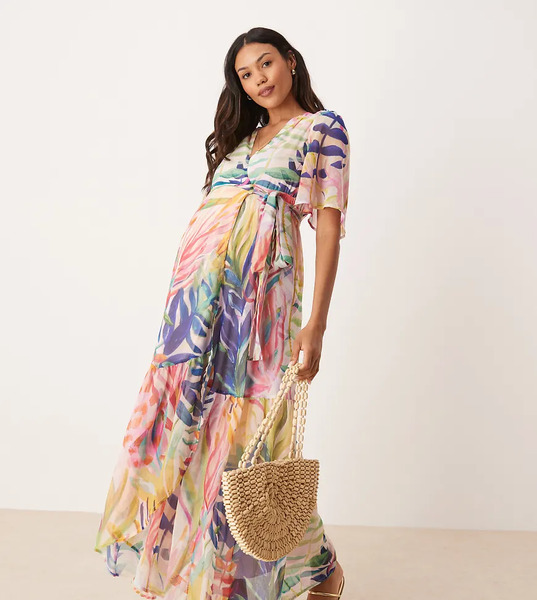  Hope & Ivy Maternity Vestido Largo Multicolor Cruzado Con Estampado De Vida Marina Y Mangas Fluidas De Hope & Ivy Maternity 