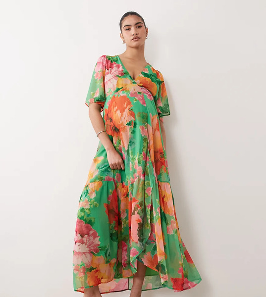  Hope & Ivy Maternity Vestido Largo Verde Cruzado Con Estampado Floral, Mangas Fluidas Y Lazada En La Cintura De Hope & Ivy Maternity-morado 