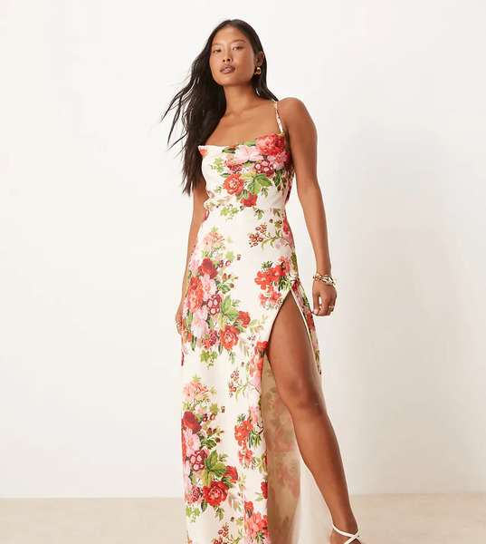  Hope & Ivy Petite Vestido Largo Blanco Y Rojo Con Estampado Floral, Cuello Desbocado, Espalda Cruzada Y Abertura Hasta El Muslo De Hope & Ivy Petite 