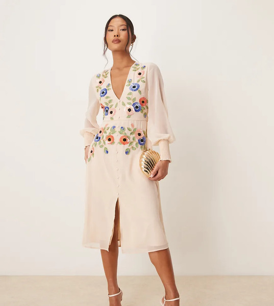  Hope & Ivy Petite Vestido Largo Color Crema De Manga Larga Con Diseño Con Abalorios Y Espalda Baja De Hope & Ivy Petite-blanco 